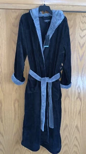 New Alexander Del Rossa Men's Black & Grey S/M Fleece Hooded Bathrobe Robe - Picture 1 of 9