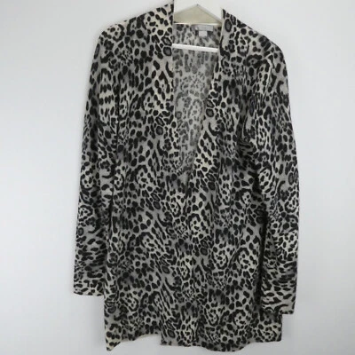 Cárdigan de cachemir Charter Club para mujer mediano leopardo largo frente abierto Foto 1 de 4