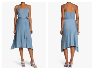 BCBG MAX AZRIA Denim Blue V-Neck Tie Waist Asymmetric Shark Bite Dress M = 8/10 - Picture 1 of 2
