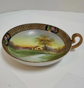 Vintage Nippon Nappy Nut Dish Moriage Handpainted Lemon Bowl Handle Scenic Japan - Picture 1 of 11