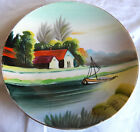Vintage Hand-Painted 8" Plate by Hitomi, Japan, River Boat House Waterwheel