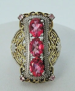 Pink Topaz-Zircon Long Statement Filigree Ring Sterling Gold Accents STS Jewels - Picture 1 of 12