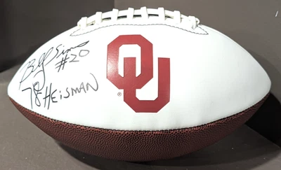 Billy Sims Firmado Oklahoma Logo Marca Blanco Logo Fútbol con 78 Heisman - (CERTIFICADO DE AUTENTICIDAD SS) Foto 1 de 3