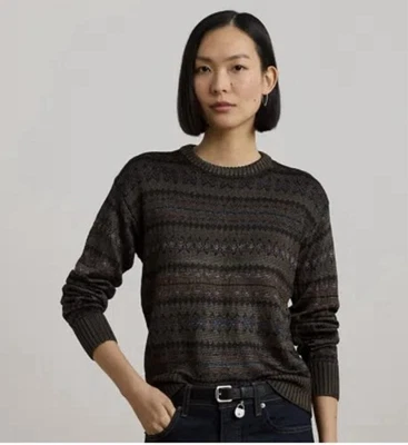 LAUREN RALPH LAUREN 女式 Fair Isle 圆领条纹毛衣 XS 金属色 — 第 1/4 张图片