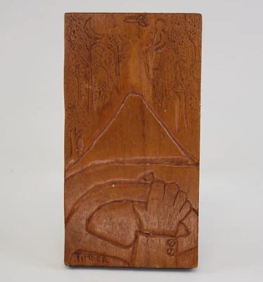 Folk Art Wood Wooden Hand Carved Carving Plaque Panel Scene Driving Moon Plane - Image 1 of 4