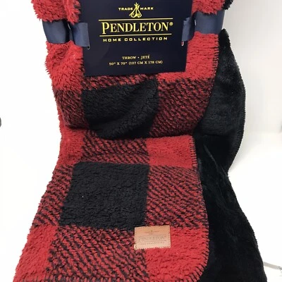 Pendleton 50” X 70” Plaid Reversible Sherpa Fleece Throw Blanket Red & Black - Image 1 of 4