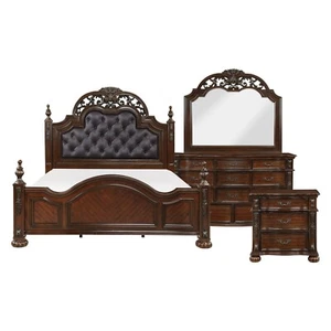 4 PC STUNNING ORNATE QUEEN FAUX LEATHER TUFTED BED NS DRESSER BEDROOM FURNITURE - Picture 1 of 14