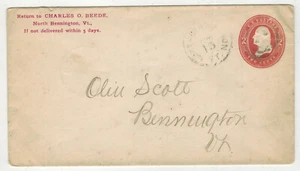 1883 G. WASHINGTON ENVELOPE U231 NORTH BENNINGTON VT VERMONT - Picture 1 of 2