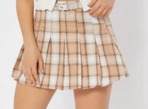 Rue 21 Brown Plaid Print Heart Buckle Belt Pleated Skirt - Picture 1 of 2