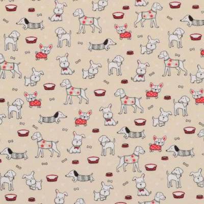 Tela Cachorros En Bronceado Perros Mascotas Huesos Rojo Negro Cachorro 100% Algodón Edredón 1 Yarda Foto 1 de 2