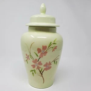 Ginger Jar Urn Vase Lid Ceramic Handpainted Flowers Green Pink Branches 11.5" - Picture 1 of 12