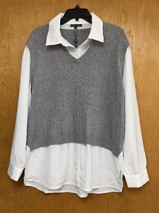 New Adrianna Papell Blouse Womens XL Gray Ivory Woven Long Sleeve Cable Vest NWT - Picture 1 of 4