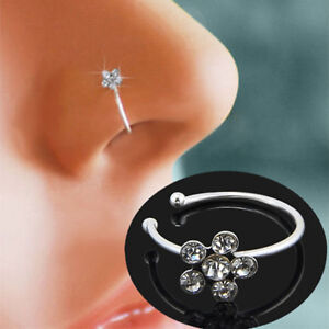 Small Thin Flower Clear Crystal Nose Ring Stud Hoop-Sparkly Pin Ring Piercing