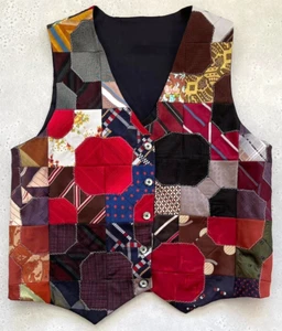 Vintage Crazy Quilt Handmade Silk Ties Patchwork Vest Aztec Sportsman Western M - Picture 1 of 10