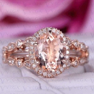 5.90Ct  Oval Shape Natural Morganite & Diamond Wedding Ring 18K Rose Gold Plated - Picture 1 of 22