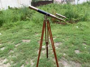 Decorative Antique Brass Black Leather Telescope with Wooden Tripod Nautical - Picture 1 of 7