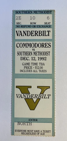 Vanderbilt vs Southern Methodist 12/12/92 NCAA College Basketball Ticket Stub Cover