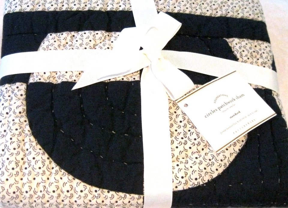 POTTERY BARN Foundations Navy Circles Patchwork Euro Quilted Pillow Sham 26x26  - Изображение 1 из 1