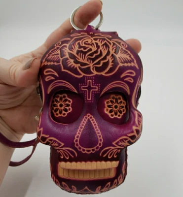 Sugar Skull Leather Wristlet Small Purple Coin Purse Keychain Calavera Wallet - Image 1 of 4