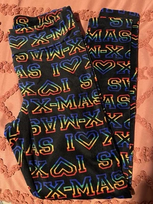 No Boundaries Womens/Jrs Christmas Fleece Leggings I ❤️ X-MAS rainbow Sz L 11-13 - Image 1 of 4