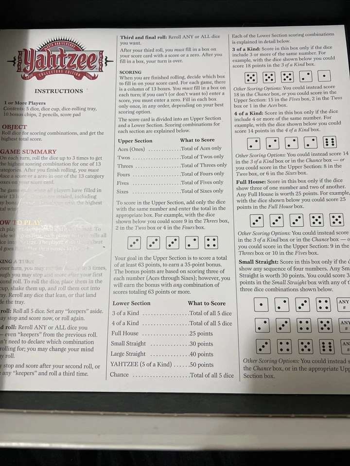 1996 40th Anniversary Yahtzee Collectors Edition Game Instruction Sheet Only - Image 1 of 1