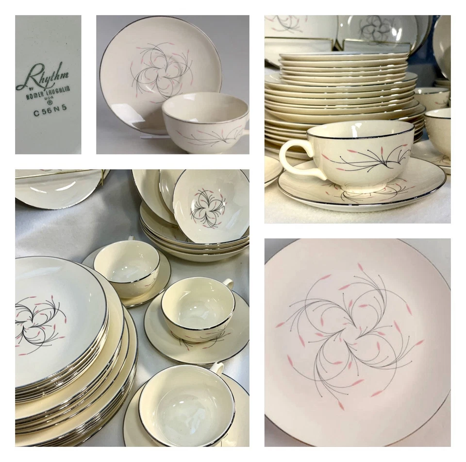 MCM 1950 Homer Laughlin Rosa Ritmo Capri 55 Piezas Servicio de Cena Para 8 Hecho en EE. UU. Foto 1 de 4