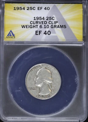1954 P Washington Quarter 25c ANACS EF 40 | Curved Clip Weight 6.10 Grams XF - Image 1 of 4