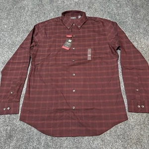 NEW Van Heusen Shirt Mens Medium Wine Plaid Cotton Button Down Collar Stretch - Picture 1 of 14