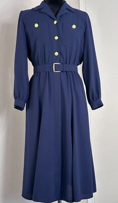 Vintage Liz Claiborne Petite Navy w/ Gold Buttons Midi Shirt Dress - Women's 6P - Image 1 of 4