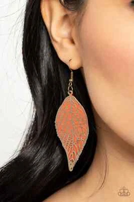 Paparazzi Earring- Leafy Luxury- Orange with Brass overlay- Leaf - Image 1 of 2