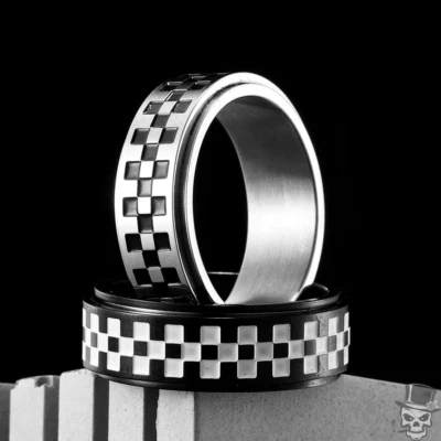 Sculpt Rings™ Racing Checkerboard Fidget Spinner Unisex Ring | Stainless Steel - Image 1 of 4