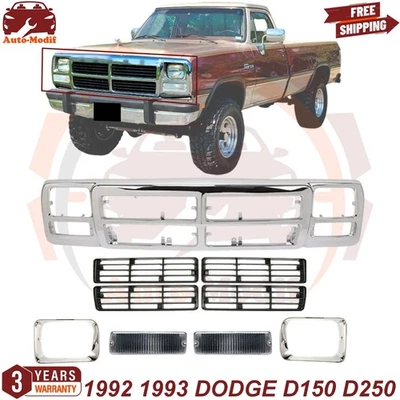 Front Upper Grille & Headlight Chrome Bezels Set For 1992 1993 DODGE D150 D250 Foto 1 de 4