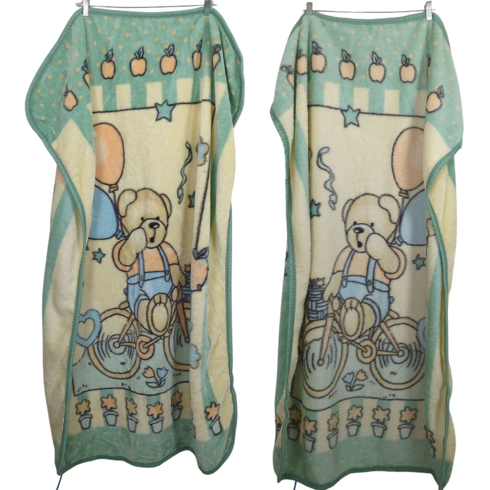 Vintage Teddy Bear Baby yellow blue Blanket Soft Fleece Balloons Bicycle Print - Image 1 of 4
