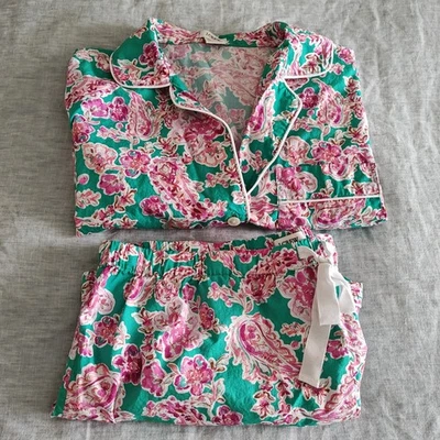 Conjunto de 2 pantalones cortos J Crew pijama para mujer largo algodón popelina floral verde rosa  Foto 1 de 4
