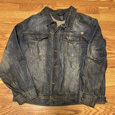 Rocawear Jacket Men's 46 Blue Jean Denim Long Sleeve Distressed Logo Button * - Image 1 of 4