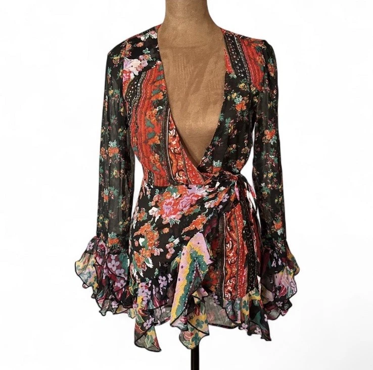 Blusa envolvente floral Free People retro de gasa manga larga talla pequeña Foto 1 de 4
