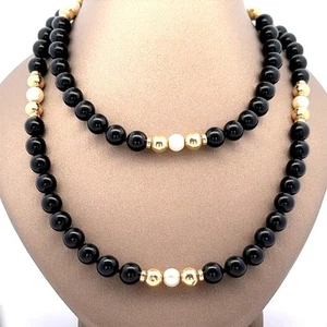 Black Onyx & Pearls Extra Long Bead Ball Necklace w/ 14k Yellow Gold Clasp - Picture 1 of 3
