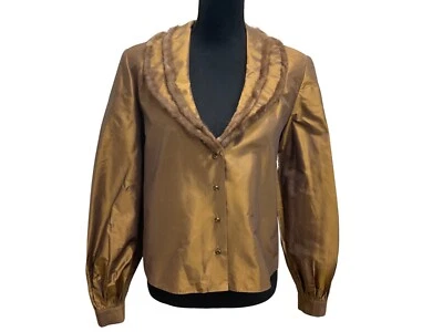 Blusa de Tafetán Bordada de Piel Años 90 Y2K Oro Oscuro Escote en V Botón Delantero Formal De Colección Foto 1 de 4