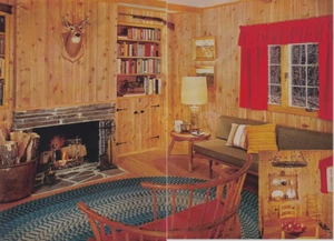 Knotty Pine Paneling MCM Family Room Fireplace 2 Page Vtg Magazine Excerpt - Picture 1 of 3