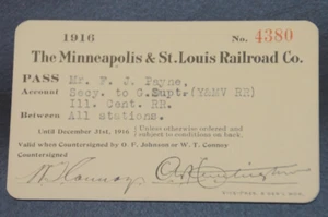 MINNEAPOLIS & ST. LOUIS RAILROAD CO. 1916 pass No. 4380 issued to Y. & M.V.R.R. - Picture 1 of 2