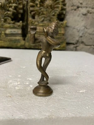 古董手工黄铜印度教宗教神克里希纳微型偶像雕像 — 第 1/4 张图片