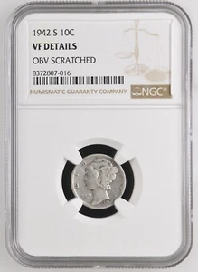 1942 S Mercury Dime. NGC VF DETAILS OBV SCRATCHED - 90% Silver - Picture 1 of 2