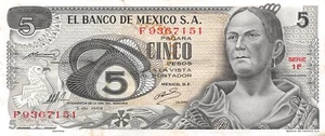 Mexiko 5 Pesos 3.12.1969 Serie 1 F Präfix F zirkulierte Banknote HJ 10 - Bild 1 von 2