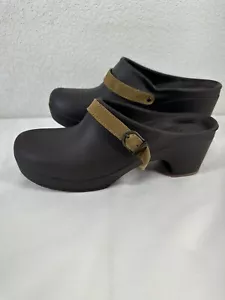Crocs Sarah Buckle Brown High Heel Mules Slip On Clogs 203631 Women's Size 9 - Picture 1 of 12