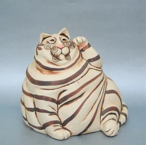 HUGE VINTAGE C BUTLER JONES WHIMSICAL CHESHIRE CAT POTTERY BANK WIRE WHISKERS - Picture 1 of 4