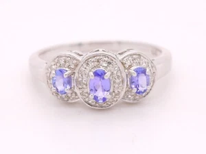 9ct White Gold Natural Tanzanite & Diamond Cluster Size O British Made UK Ring - Picture 1 of 9