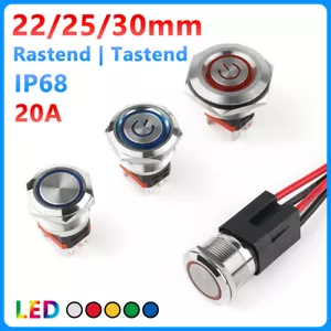 22/25/30mm LED Druckschalter Drucktaster Tastend Rastend Ein/Aus Wasserdicht 20A - Picture 1 of 8