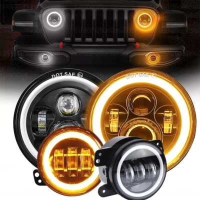 For 2007-2018 Jeep Wrangler JK JKU 7" Inch Halo LED Headlights Fog Lights Combo - Image 1 of 4