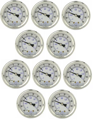 10 PACK LIQUID FILLED VACUUM GAUGE -30-0-30 PSI, 2" FACE, 1/4" BACK MOUNT - Image 1 of 3