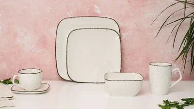 D&F Natural Cream Stoneware Dinner Set, 24 Piece - 4 Settings, Christmas Gift